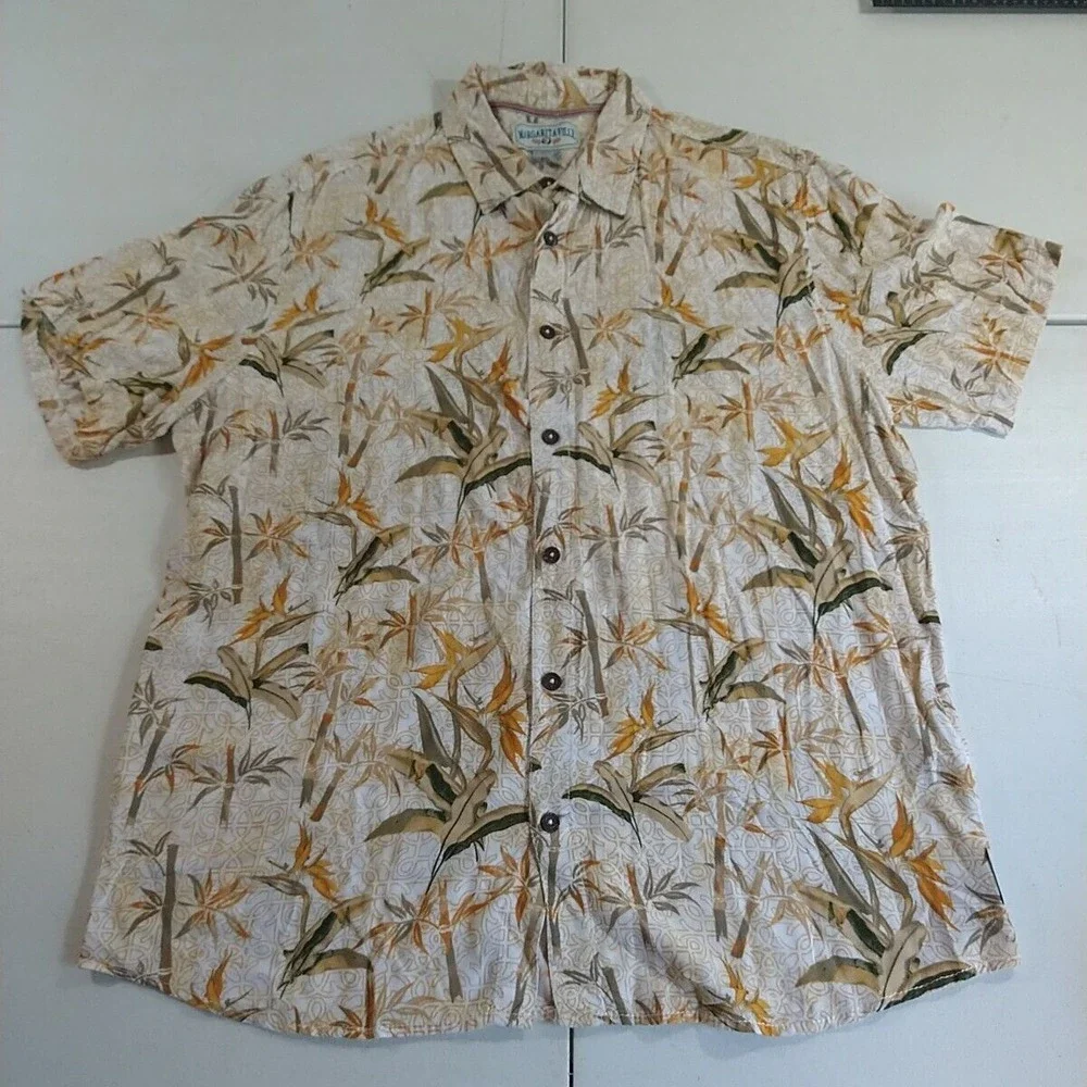 Margaritaville‎ Shirt Mens XL Tan Green Floral Tropical Hawaiian Island Vacation